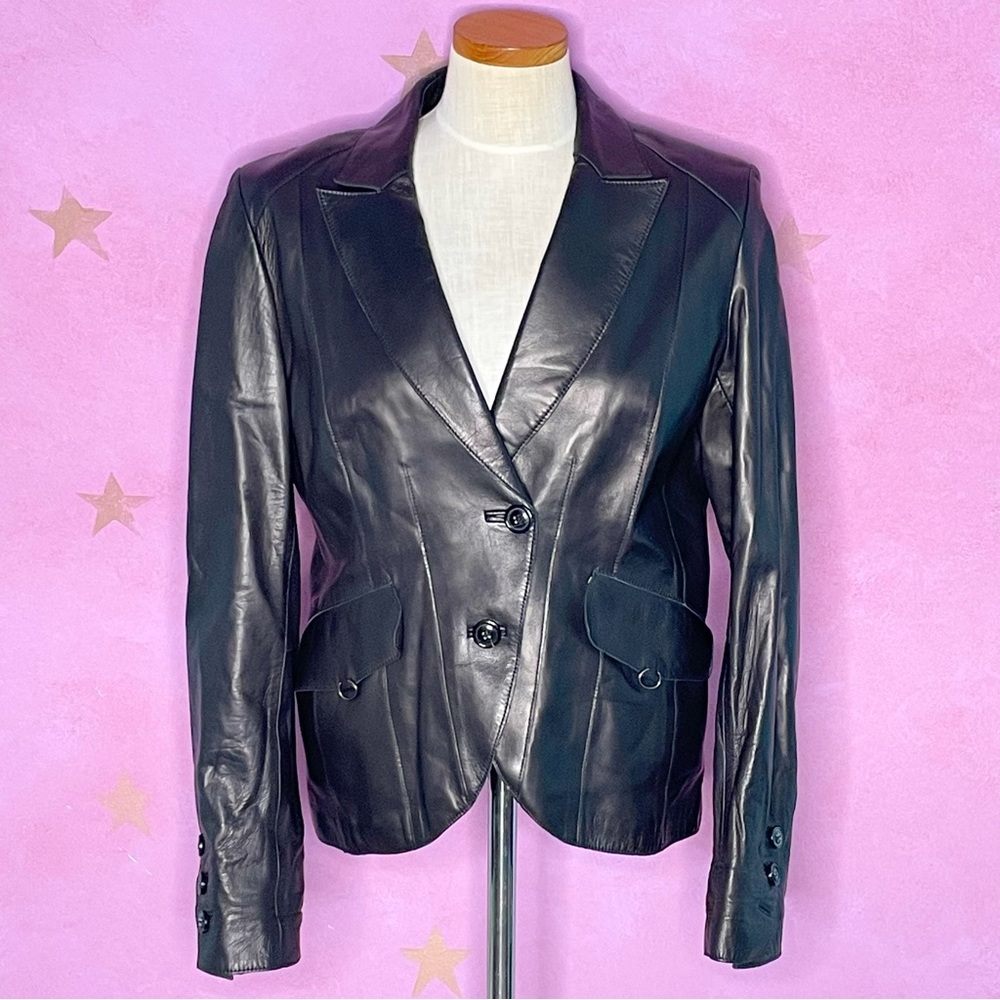 Cole Haan Womens Jacket Black Brown Leather Size 12 Genuine Lambskin